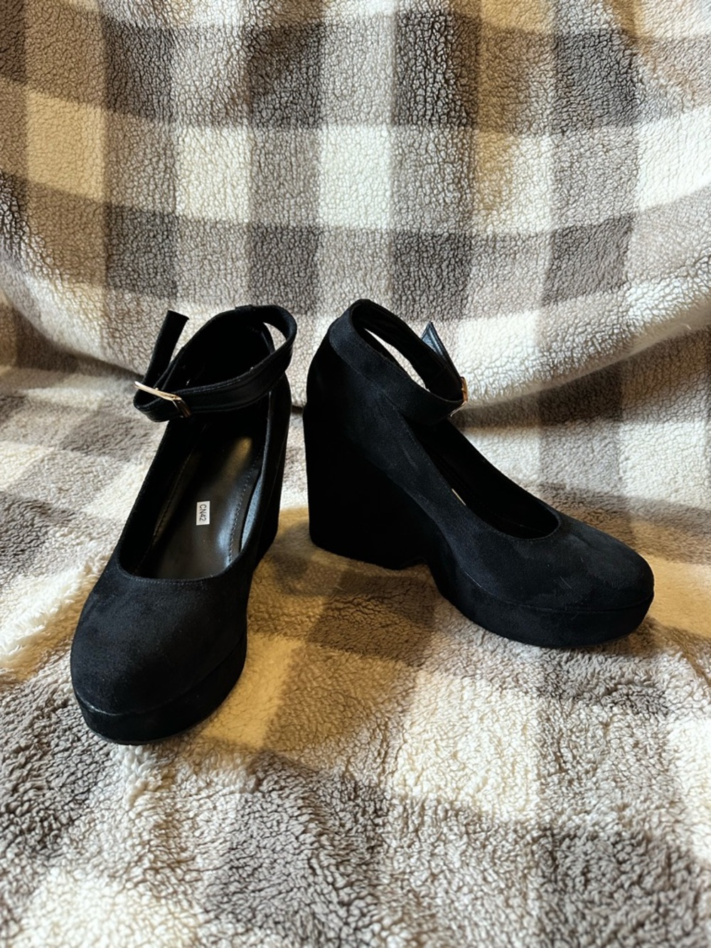 SHEIN Black Suede-Look Wedge Ankle-Strap Heels